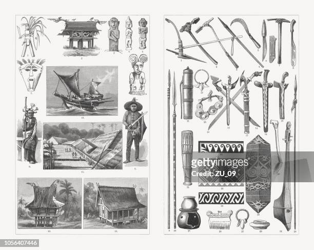 malay culture, wood engravings, published in 1897 - celebes stock illustrations