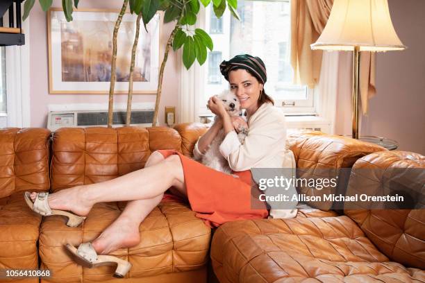 Actress Parker Posey is photographed for Wall Street Journal on June 28, 2018 at home with her bichon frise-poodle-Maltese mix Gracie, in New York...