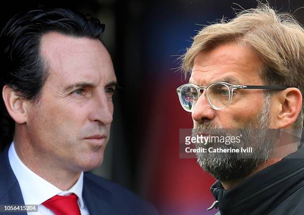 In this composite image a comparison has been made between Unai Emery, Manager of Arsenal and Jurgen Klopp, Manager of Liverpool. Arsenal FC and...