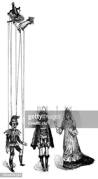 puppet theatre: puppets on their strings, white background - puppet show stock illustrations