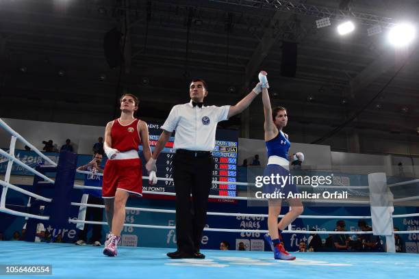 Heaven Destiny Garcia of united States defeats Goryana Stoeva of Bulgaria Women's Fly Bronze Medal Bout during day 12 of Buenos Aires 2018 Youth...