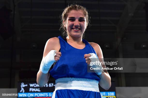 Oriana Saputo of Argentina celebrates her victory in Women's Light Bronze Medal Bout during day 12 of Buenos Aires 2018 Youth Olympic Games at...