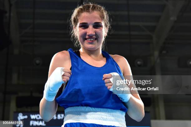 Oriana Saputo of Argentina celebrates her victory in Women's Light Bronze Medal Bout during day 12 of Buenos Aires 2018 Youth Olympic Games at...