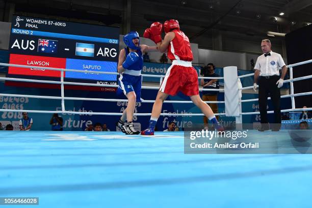 Oriana Saputo of Argentina fights with Emma Lawson of Australia Women's Light Bronze Medal Bout during day 12 of Buenos Aires 2018 Youth Olympic...