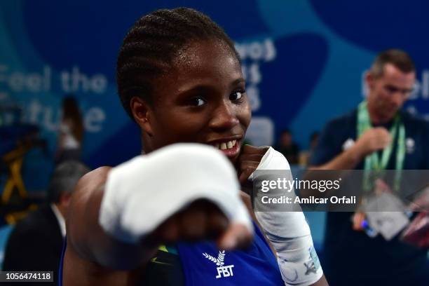 Caroline Sara Dubois of Great Britain celebrates her victory in Women's Light Gold Medal Bout during day 12 of Buenos Aires 2018 Youth Olympic Games...