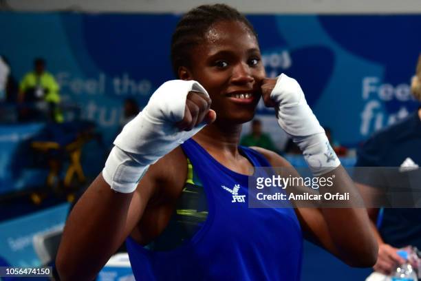 Caroline Sara Dubois of Great Britain celebrates her victory in Women's Light Gold Medal Bout during day 12 of Buenos Aires 2018 Youth Olympic Games...
