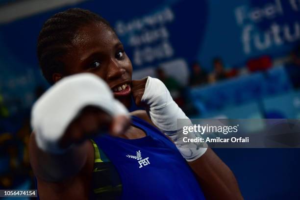 Caroline Sara Dubois of Great Britain celebrates her victory in Women's Light Gold Medal Bout during day 12 of Buenos Aires 2018 Youth Olympic Games...