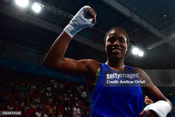 Caroline Sara Dubois of Great Britain celebrates her victory in Women's Light Gold Medal Bout during day 12 of Buenos Aires 2018 Youth Olympic Games...