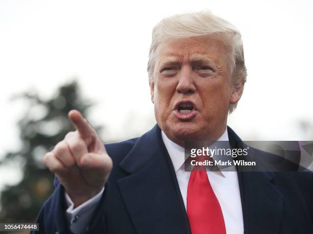 President Donald Trump speaks to the media before departing on Marine One at the White House on November 2, 2018 in Washington, DC. President Trump...