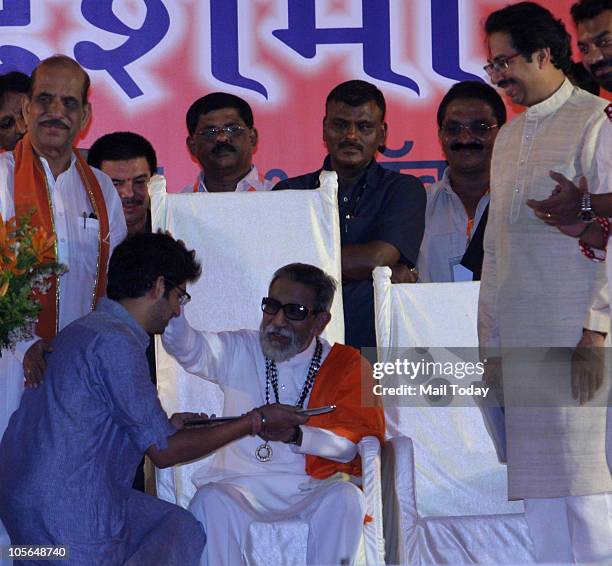 Shiv Sena supremo Bal Thackeray along with his Son Udhav Thackeray and grandson Aditya Thackeray during the Dusshera rally in Mumbai on October 17,...