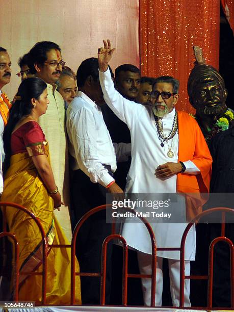 Shiv Sena supremo Bal Thackeray along with his Son Udhav Thackeray during the Dusshera rally in Mumbai on October 17, 2010.
