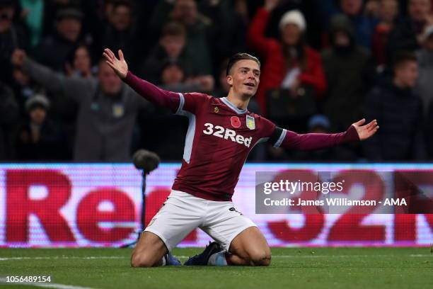 Jack Grealish of Aston Villa celebrates after scoring a goal to make it 1-0 during the Sky Bet Championship between Aston Villa and Bolton Wanderers...