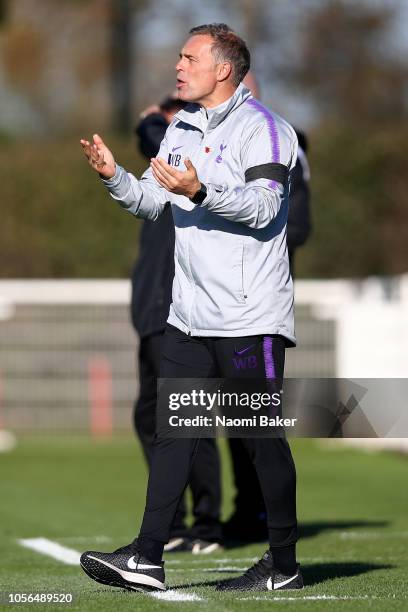 Manager of Tottenham Hotspur, Wayne Burnett gives his team instructions during the Premier League 2 match between Tottenham Hotspur and Swansea City...