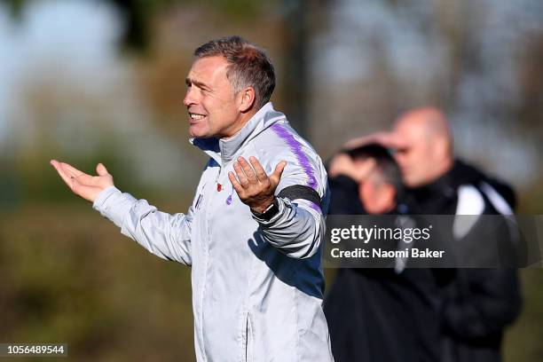 Manager of Tottenham Hotspur, Wayne Burnett looks on during the Premier League 2 match between Tottenham Hotspur and Swansea City at Tottenham...