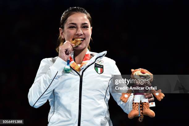 Martina La Piana of Italy celebrates her gold medal in Women's Fly Gold Medal Bout during day 12 of Buenos Aires 2018 Youth Olympic Games at Oceania...