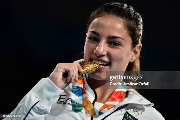 Martina La Piana of Italy celebrates her gold medal in Women's Fly Gold Medal Bout during day 12 of Buenos Aires 2018 Youth Olympic Games at Oceania...