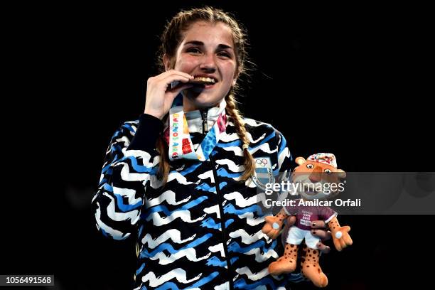 Oriana Saputo of Argentina smiles in the podium of Women's Light Bronze Medal Bout during day 12 of Buenos Aires 2018 Youth Olympic Games at Oceania...