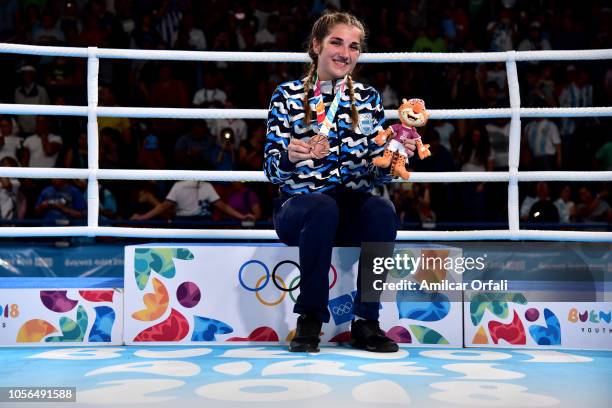 Oriana Saputo of Argentina smiles in the podium of Women's Light Bronze Medal Bout during day 12 of Buenos Aires 2018 Youth Olympic Games at Oceania...