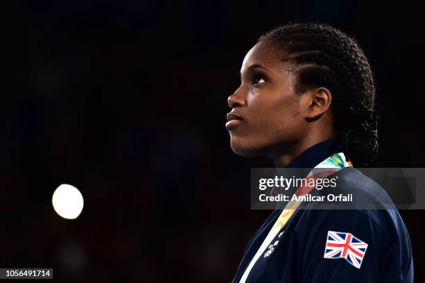 Caroline Sara Dubois of Great Britain in the podium of Women's Light during day 12 of Buenos Aires 2018 Youth Olympic Games at Oceania Pavilion in...