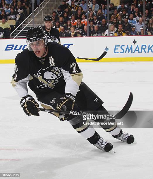 Evgeni Malkin of the Pittsburgh Penguins skates against the Philadelphia Flyers at the Consol Energy Center on October 7, 2010 in Pittsburgh,...