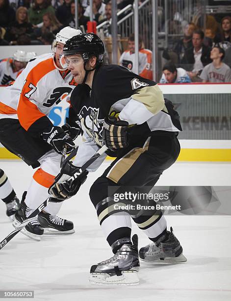 Zbynek Michalek of the Pittsburgh Penguins skates against the Philadelphia Flyers at the Consol Energy Center on October 7, 2010 in Pittsburgh,...