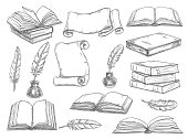 Retro books and literature quills vector sketch
