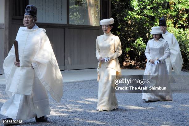 Princess Hisako and Princess Ayako of Takamado visit the Ise Jingu Shrine on October 18, 2018 in Ise, Mie, Japan.