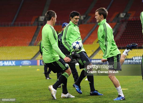 John Terry, Yury Zhirkov, Josh McEachran of Chelsea during the Chelsea training session, ahead of the UEFA Champions League Group F match against...