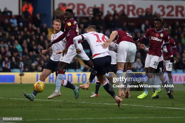 James Chester of Aston Villa scores a goal to make it 2-0 during the Sky Bet Championship between Aston Villa and Bolton Wanderers at Villa Park on...