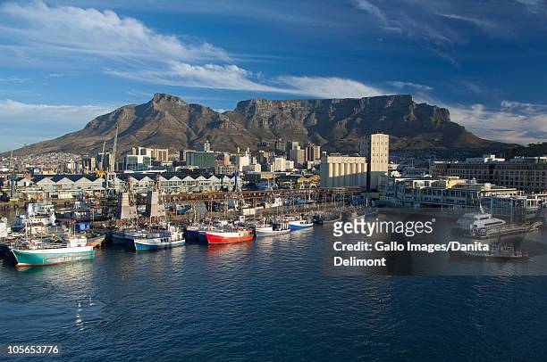 victoria and alfred waterfront with table mountain in the distance, cape town, south africa - kaapstad stockfoto's en -beelden