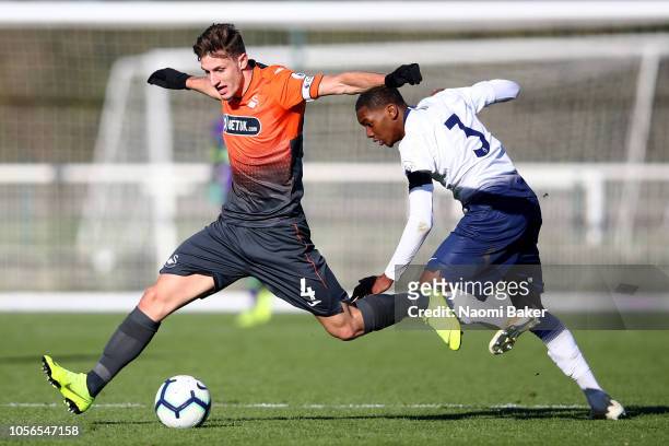 Adnan Maric of Swansea battles for possession with Jaden Brown of Tottenham Hotspur during the Premier League 2 match between Tottenham Hotspur and...