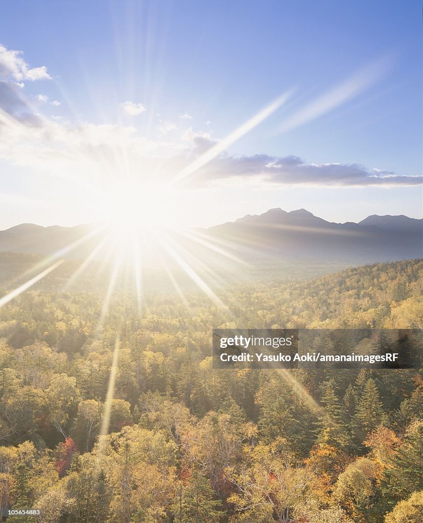 The Sun Rising Over a Mountain Range and a Forest. Japan