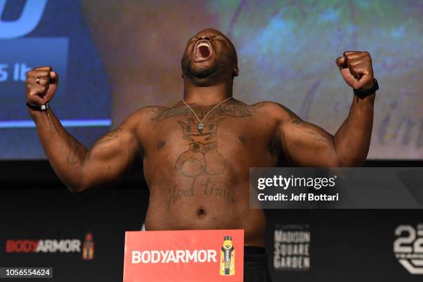 Derrick Lewis poses on the scale during the UFC 230 weigh-in inside Hulu Theater at Madison Square Garden on November 2, 2018 in New York, New York.