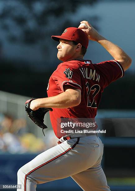 Aaron Heilman of the Arizona Diamondbacks pitches against the Los Angeles Dodgers at Dodger Stadium on October 3, 2010 in Los Angeles, California.