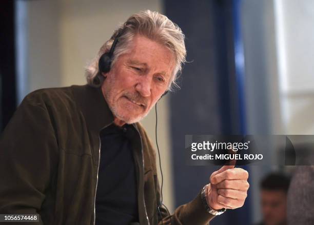 British rock icon and activist Roger Waters, gives his thumb up during a conference on Palestinian situation and Human Rights at the Uruguayan...