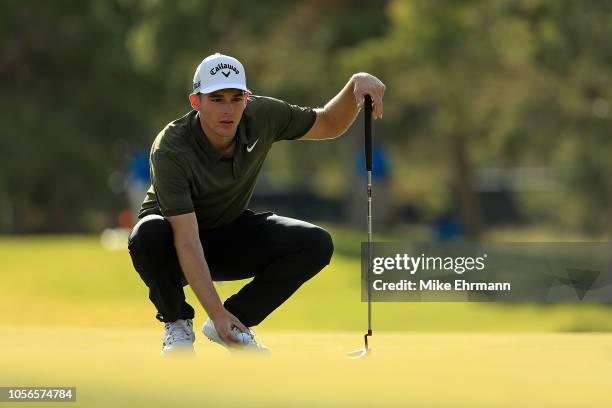 Aaron Wise lines up a putt on the 10th hole during the second round of the Shriners Hospitals for Children Open at TPC Summerlin on November 2, 2018...