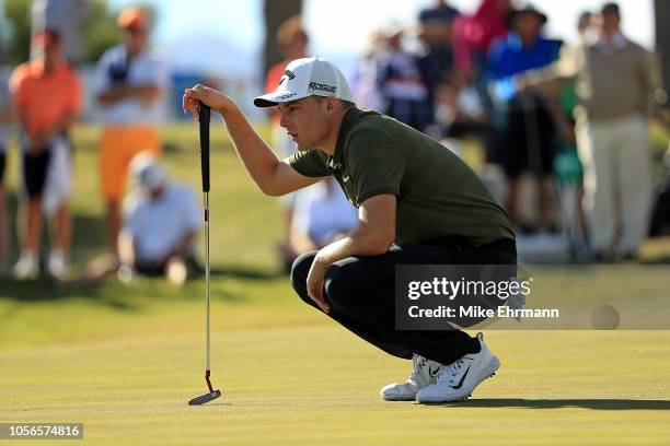 Aaron Wise lines up a putt on the 9th hole during the second round of the Shriners Hospitals for Children Open at TPC Summerlin on November 2, 2018...