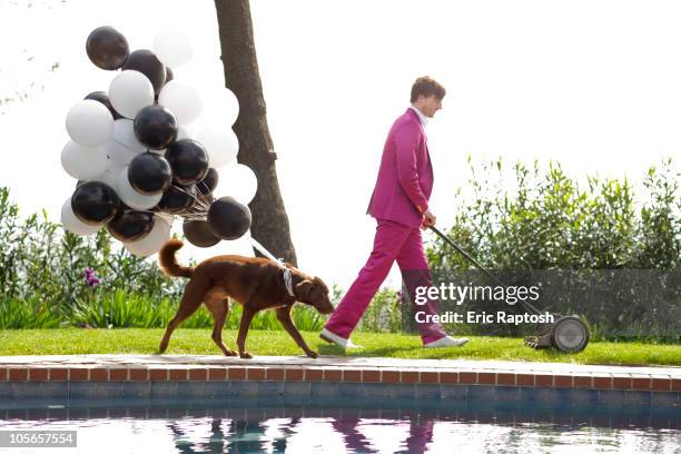 caucasian man in pink suit mowing lawn being followed by dog - lustig bunt bildbanksfoton och bilder