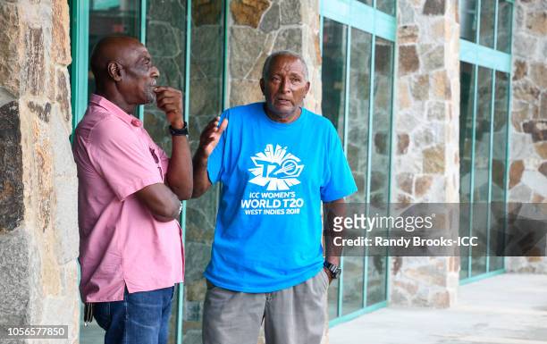 Cricket West Indies ambassadors for ICC Women World T20, Sir Vivian Richards and Sir Andy Roberts at Coolidge Cricket Ground on November 2, 2018 in...