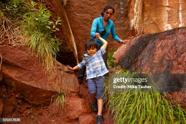 mother helping son climb down rocks - indian family vacation stock pictures, royalty-free photos & images
