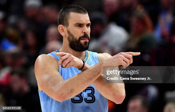 Marc Gasol of the Memphis Grizzlies gestures towards the bench in the first half of a NBA game against the Utah Jazz at Vivint Smart Home Arena on...
