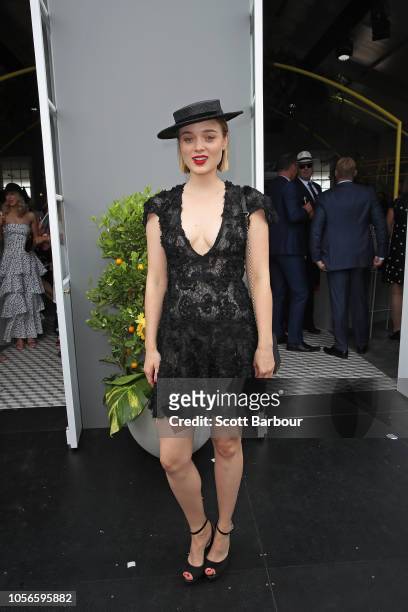 Bella Heathcote poses at the 1 Oliver Street Marquee on Derby Day at Flemington Racecourse on November 3, 2018 in Melbourne, Australia.