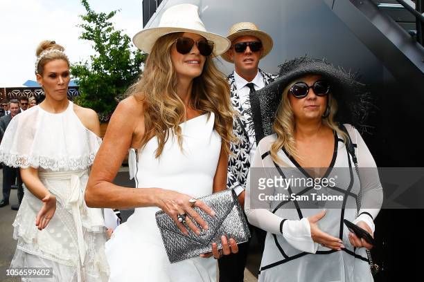 Elle Macpherson arrives at the Lexus Marquee on Derby Day at Flemington Racecourse on November 3, 2018 in Melbourne, Australia.