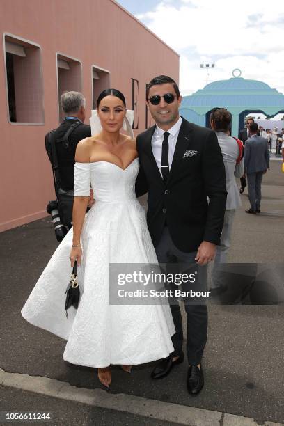 Anthony Minichiello and Terry Biviano poses on the way to the Lexus Marquee on Derby Day at Flemington Racecourse on November 3, 2018 in Melbourne,...