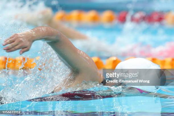 Yuhan Zhang of China competes in the Women's 200m freestyle on day 2 of the FINA swimming world cup 2018 at Water Cube on November 3, 2018 in...