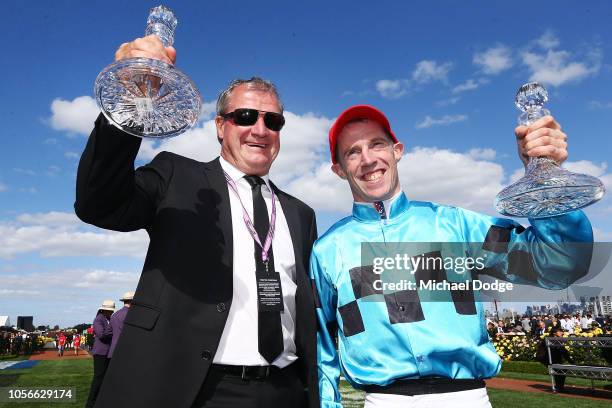 Trainer Darren Weir and Jockey John Allen after winning with Extra Brut in race 7 The AAMI Victoria Derby during Derby Day at Flemington Racecourse...