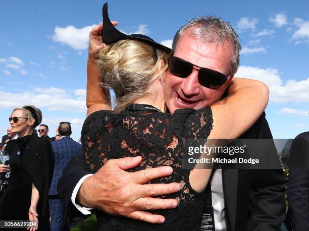 Trainer Darren Weir celebrates after winning with Extra Brut in race 7 The AAMI Victoria Derby during Derby Day at Flemington Racecourse on November...