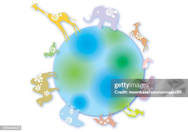 colorful animals on globe - bear white background stock illustrations