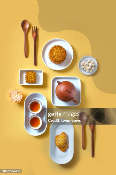 traditional mid autumn festival mooncake afternoon tea. - cup of tea from above stock pictures, royalty-free photos & images