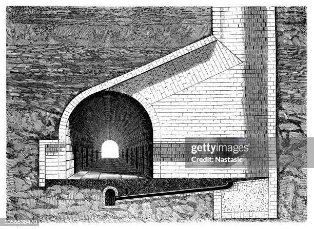 eisenbahn-tunnel im querschnitt mit lüftungskanal - bahntunnel stock-grafiken, -clipart, -cartoons und -symbole